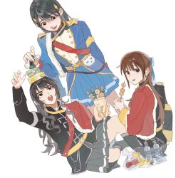  3girls :d :t aiba_aina arm_behind_back arm_up bag banana black_eyes black_hair black_jacket blue_bow blue_jacket blue_skirt boots bottle bow brown_hair can commentary_request cosplay cup dango disposable_cup drink_can drink_carton drinking_straw eating food fruit full_body fur-trimmed_jacket fur_trim grey_boots grey_skirt hair_between_eyes hair_bow half_updo hand_up holding holding_cup holding_food jacket jacket_on_shoulders juice_box kagura_hikari kagura_hikari_(cosplay) knee_boots knee_up long_sleeves looking_at_another looking_at_viewer looking_down looking_to_the_side looking_up mimori_suzuko miniskirt multiple_girls object_on_head onigiri open_mouth parted_lips plastic_bag pleated_skirt real_life red_jacket red_sash saijo_claudine saijo_claudine_(cosplay) sash shoujo_kageki_revue_starlight shoulder_sash simple_background single_horizontal_stripe sitting skirt smile sparkle_hair_ornament stacking teeth tendo_maya tendo_maya_(cosplay) tomato tomita_maho upper_teeth_only voice_actor voice_actor_connection wagashi water_bottle wavy_hair white_background xia_guo_dayu 