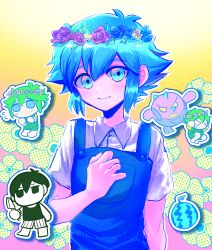  1boy basil_(headspace)_(omori) basil_(omori) blue_overalls blush boss_(omori) closed_mouth collared_shirt colored_skin commentary_request double-parted_bangs flower flower_wreath green_eyes green_hair hair_between_eyes head_wreath highres looking_at_viewer male_focus omori omori_(omori) overalls shirt short_sleeves sidelocks sk816 smile solo white_skin 