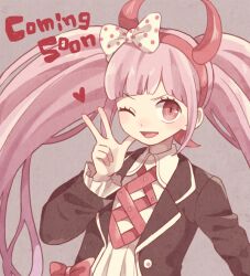  1girl bow child commentary_request danganronpa_(series) danganronpa_another_episode:_ultra_despair_girls english_text fake_horns grey_background hair_horns hairband heart horn_bow horn_hairband horn_ornament horns mikuni_(open-ranka) one_eye_closed pink_eyes pink_hair pink_hairband pink_horns polka_dot polka_dot_bow solo twintails utsugi_kotoko v 