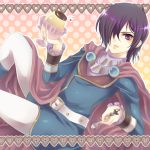  belt bishounen black_hair cape coat earrings frills frown jewelry leon_magnus lips male necklace pants pudding purple_eyes ruitan_(rrruitan) serious sitting solo spoon tales_of_(series) tales_of_destiny violet_eyes 