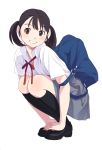  bag black_hair black_legwear brown_eyes copyright_request dress_shirt face grin kneehighs loafers oryou randoseru school_bag shirt shoes simple_background skirt smile solo squatting twintails 