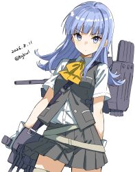  1girl absurdres bigkwl black_skirt black_vest blue_eyes blue_hair blunt_bangs blush bow bowtie closed_mouth collared_shirt commentary cowboy_shot dated hatsukaze_(kancolle) highres kantai_collection long_hair looking_at_viewer miniskirt pleated_skirt rigging school_uniform shirt short_sleeves simple_background single_sidelock skirt solo twitter_username vest white_background white_shirt yellow_bow yellow_bowtie 