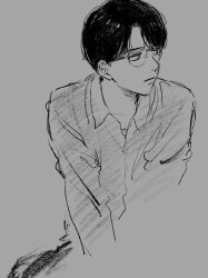  1boy closed_mouth cropped_torso dress_shirt glasses grey_background greyscale highres karaoke_iko! looking_to_the_side male_focus monochrome nose_pads oka_satomi shirt short_hair simple_background solo takuanoisi unfinished 