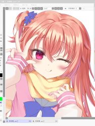  1girl :q ;) ;q art_program_in_frame blue_bow blue_scrunchie blush bow chest_bow closed_mouth commentary eyes_visible_through_hair fingernails hair_between_eyes hair_ornament hair_scrunchie hands_up highres inaba_meguru jacket letterman_jacket linnaiaaa long_hair looking_at_viewer one_eye_closed one_side_up orange_hair pink_jacket red_eyes sanoba_witch scarf scrunchie simple_background sleeves_past_wrists smile solo tongue tongue_out unfinished upper_body v white_background white_sleeves yellow_scarf 