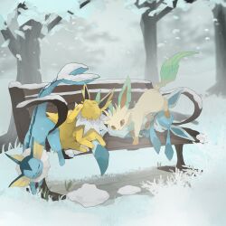  absurdres animal_focus bench brown_eyes closed_eyes fishburi full_body glaceon highres jolteon leafeon no_humans outdoors pokemon pokemon_(creature) pokemon_focus sleeping smile snow snowing vaporeon winter 