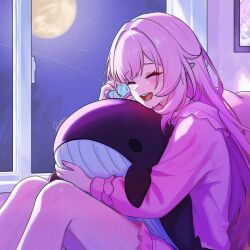  1girl commentary elf elysia_(honkai_impact) english_commentary full_moon holding holding_phone holding_stuffed_toy honkai_(series) honkai_impact_3rd indoors long_hair maffin moon night pajamas phone pink_hair pink_pajamas pointy_ears smile solo stuffed_toy very_long_hair window 
