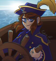  1girl a_hat_in_time aged_up alternate_costume blue_eyes boat brown_hair closed_mouth coat commentary day earrings english_commentary gold_earrings gothiccprince hat hat_feather hat_kid highres hoop_earrings hourglass_print jewelry long_hair long_sleeves looking_at_viewer ocean on_boat outdoors pirate_hat ponytail popped_collar purple_coat purple_hat ring ship's_wheel sidelocks signature smirk solo sun upper_body water watercraft 