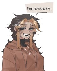  1girl ari_(notaxuaxi) black_eyes black_shirt blonde_hair blush breasts brown_hair brown_hoodie commentary corrupted_twitter_file curtained_hair drawstring english_text happy_birthday heart heart-shaped_pupils heart_pendant highres hood hood_down hoodie jewelry large_breasts large_variant_set long_hair multicolored_hair notaxuaxi open_mouth original pendant shirt sidelocks signature simple_background smile solo speech_bubble symbol-shaped_pupils turtleneck two-tone_hair upper_body variant_set white_background 