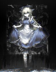  1girl absurdres alice_(black_souls) am_hei apron black_liquid black_souls black_souls_2 blonde_hair blue_bow blue_dress blue_eyes bow bow_hairband bowtie breasts chinese_commentary commentary_request corruption curtsey dark_background dress frilled_dress frills hair_bow hairband highres holding_own_dress light_blush light_smile long_dress long_hair looking_at_viewer puffy_short_sleeves puffy_sleeves short_sleeves sidelocks small_breasts solo striped_clothes striped_thighhighs thigh-highs translation_request very_long_hair white_apron 
