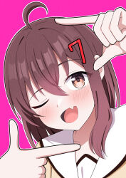  1girl :d ;d absurdres ahoge blush brown_eyes brown_hair commentary_request double-parted_bangs fang finger_frame hair_between_eyes hair_ornament hands_up highres hosinonana long_hair looking_at_viewer number_hair_ornament one_eye_closed open_mouth original outline pink_background portrait sailor_collar school_uniform serafuku shirt sidelocks simple_background skin_fang smile solo white_outline white_sailor_collar yellow_shirt 