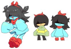  1girl 1other aged_down aqua_(deltarune) aqua_dress aqua_skin black_hair bow chibi colored_skin deltarune dress fake_horns hairband highres horn_hairband horns kris_(deltarune) multiple_views neamosub red_bow red_horns red_shoes shaded_face shoes single_horizontal_stripe striped_clothes striped_sweater sweater tooth utdr_(toby_fox) white_background 