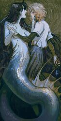  2girls black_hair blush brown_hair face-to-face facing_another fang fiyeli full_body grabbing_another's_chin hand_on_another's_chin highres holding_hands layered_sleeves long_hair long_sleeves looking_at_another merfolk mermaid monster_girl multiple_girls nude oumi_shiori oumi_shiori_(mermaid) painterly school_uniform serafuku shirt short_hair short_over_long_sleeves short_sleeves siren_(mythology) skirt undershirt watashi_wo_tabetai_hitodenashi white_shirt yaotose_hinako yuri 