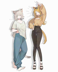  2girls animal_ear_fluff animal_ears arm_up barefoot black_pants blonde_hair blue_pants breasts cat_ears cat_girl cat_tail cleavage_cutout closed_eyes clothing_cutout commentary fang full_body grey_hair hand_on_own_hip hand_under_clothes hand_under_shirt highres long_hair long_sleeves medium_hair multiple_girls nishi_kaoruko okyurita open_mouth pants puffy_sleeves sandals satou_yaniko shadow shirt short_sleeves signature simple_background smile sweater tail toenails toes turtleneck turtleneck_sweater untranslatable_commentary white_background white_shirt yani_neko yellow_eyes 