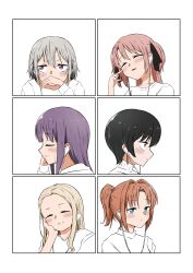  6+girls absurdres black_hair black_ribbon blonde_hair blue_eyes blush brown_eyes chang_chin-lan closed_eyes closed_mouth commentary_request earphones earphones earrings grey_hair gujyo_kanade hair_intakes hair_ribbon highres jewelry kamiina_botan kamiina_botan_yoeru_sugata_wa_yuri_no_hana kitamori_yaeka long_hair mayo_illust multiple_girls orange_hair pink_hair ponytail purple_hair ribbon shirt short_hair simple_background tonami_ibuki two_side_up violet_eyes white_background white_shirt yusa_akane 