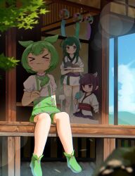  >_< 0w0_(artist) 3girls :3 :o absurdres ahoge arm_support bitten_popsicle blue_sky blurry blurry_background blurry_foreground blush blush_stickers bokeh brown_hair chromatic_aberration clouds commentary cup depth_of_field drinking_glass electric_fan field flower flower_field food green_eyes green_hair green_hairband green_overalls green_shoes green_shorts hairband headgear highres holding holding_food holding_plate holding_popsicle holding_skewer japanese_clothes jitome kimono knife_hair_ornament long_hair multiple_girls muneate obi on_floor overalls parted_lips plate popsicle porch puffy_shorts puffy_sleeves purple_sash purple_skirt red_eyes rural sash shirt shoes short_hair short_kimono short_yukata shorts sitting skewer skirt sky sleeves_rolled_up smile standing sunflower sunflower_field suspender_shorts suspenders tareme touhoku_kiritan touhoku_zunko veranda voiceroid voicevox wariza white_kimono white_shirt wide_sleeves wind_chime wooden_porch yukata zunda_mochi zundamon 