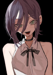  1girl bare_shoulders black_background black_bow black_bowtie black_choker blood blood_from_mouth blush bow bowtie chainsaw_man choker collarbone collared_shirt commentary_request fangs green_eyes hair_between_eyes highres long_bangs long_hair_between_eyes looking_at_viewer open_mouth purple_hair reze_(chainsaw_man) shirt short_hair sidelocks simple_background sleeveless sleeveless_shirt smile solo usako2201min white_shirt 