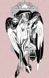  1boy angel angel_wings aquiline_nose candle commentary english_commentary eyelashes halo highres iliothermia laurel_tattoo lips long_hair male_focus mastectomy_scar monochrome nose original scar scar_on_chest solo topless_male wings yitzhar 