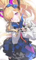 1girl absurdres arknights arknights:_endfield blonde_hair blue_dress blue_gloves commentary cryne curled_horns demon_girl demon_horns dress earrings gloves hairband heart heart_earrings highres horns jewelry liino_(arknights) long_hair long_sleeves looking_at_viewer multicolored_hairband multicolored_horns partially_fingerless_gloves pointy_ears purple_hairband purple_horns shrug_(clothing) solo star-shaped_pupils star_(symbol) symbol-shaped_pupils tongue tongue_out two-sided_horns two-tone_hairband two-tone_horns violet_eyes white_shrug 