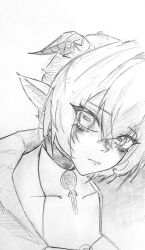  1girl absurdres animal_ears choker closed_mouth collarbone commentary_request goat_ears goat_girl goat_horns greyscale hair_between_eyes highres horns kai_artdesu key key_choker looking_at_viewer lucia_elowen monochrome pointy_ears portrait short_hair simple_background solo zenless_zone_zero 