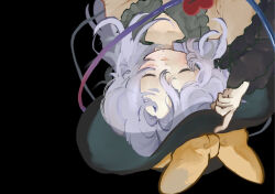  1girl arm_up black_background bow closed_eyes closed_mouth commentary_request facing_ahead facing_viewer green_hat grey_hair hand_on_own_hat hat hat_bow inkopico komeiji_koishi long_hair portrait shirt simple_background solo straight-on touhou upside-down yellow_bow yellow_shirt 