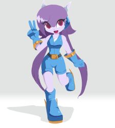  1girl absurdres belt blue_boots blue_gloves blue_shirt blue_shorts boots dragon_girl dragon_horns earphones freedom_planet furry furry_female gloves highres horns long_hair open_mouth pink_eyes purple_hair sash_lilac shirt shorts sleeveless sleeveless_shirt souldroids twintails v water_dragon white_background 