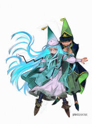  1boy 1girl aqua_cloak aqua_hat artist_name bakeddeer behind_another black_cloak black_hair blocking blue_eyes blue_hair blush buttons cloak collared_cloak commentary conical_hat dress english_commentary euini_(tongari_boushi_no_atelier) full_body furrowed_brow green_eyes green_hat hair_over_eyes hat hetero hiding hiding_behind_another highres leggings long_bangs long_dress long_hair long_sleeves protecting qifrey's_atelier_apprentice_uniform richeh_(tongari_boushi_no_atelier) scared shirt shoes short_bangs short_hair tassel tongari_boushi_no_atelier very_long_hair very_short_hair white_background white_dress white_shirt wide_mouth wizard_hat 