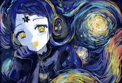  1girl absurdres black_gloves black_hair braid braided_bangs brooch brush_stroke clock_eyes colored_mouth commentary_request dot_nose elbow_gloves facial_mark fine_art_parody forehead forehead_mark garara_s_leep gloves hand_up head_rest headphones highres idol_time_pripara jewelry light_blush looking_at_viewer painterly pale_skin parody partial_commentary portrait pretty_series pripara puffy_short_sleeves puffy_sleeves serina_(skipadd) shade short_sleeves solo star_brooch starry_night_(van_gogh) symbol-shaped_pupils wing_star yellow_eyes 