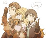  2boys ? alvin_(tales_of_xillia) bare_shoulders black_hair blonde_hair brown_hair english finger_gun gloves gun hacho jude_mathis long_hair milla_maxwell multiple_boys side-by-side smile tales_of_(series) tales_of_xillia very_long_hair weapon white_background yellow_eyes 