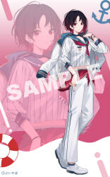  1girl black_hair blue_sailor_collar commentary_request earrings hand_up highres isaya_(pixiv4541633) jacket jacket_on_shoulders jewelry kisaragi_ren_(vspo!) long_sleeves looking_at_viewer multicolored_hair official_alternate_costume official_art pants red_eyes red_hair sailor_collar sample_watermark shirt shoes short_hair smile solo striped_clothes striped_shirt virtual_youtuber vspo! watermark white_pants white_shoes zoom_layer 