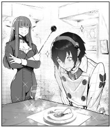  1boy 2girls absurdres blunt_bangs blush choker closed_eyes closed_mouth commentary_request crossed_arms cup drinking_glass drooling fairy fairy_wings food gallica_(metaphor:_refantazio) greyscale hair_between_eyes hairband highres hulkenberg_(metaphor:_refantazio) indoors jacket long_hair long_sleeves metaphor:_refantazio mini_person minigirl monochrome multiple_girls peperon_(peperou) pointy_ears protagonist_(metaphor:_refantazio) short_hair size_difference smile sweat sweatdrop table wings 