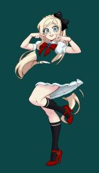  1girl belt black_bow black_socks blending blonde_hair bow bracelet danganronpa_(series) danganronpa_2:_goodbye_despair double_v dress eyelashes full_body green_background green_dress green_eyes hair_bow high_heels highres jewelry kneehighs lips long_hair parta_228 pinafore_dress puffy_short_sleeves puffy_sleeves red_bow red_shoes shirt shoes short_sleeves simple_background sleeveless sleeveless_dress smile socks solo sonia_nevermind standing standing_on_one_leg v white_belt white_shirt 