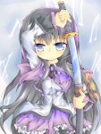  akemi_homura bad_proportions black_hair long_hair magical_girl mahou_shoujo_madoka_magica poorly_drawn purple_eyes shield solo sword violet_eyes weapon 