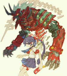  1girl android armor blue_eyes blue_hair blue_skirt bow cellphone claws commentary_request demon_horns digital_dissolve fake_horns hair_bow hair_ribbon hair_through_headwear helmet holding holding_phone horned_helmet horns japanese_armor japanese_clothes long_hair looking_at_viewer mecha miko monster nakayama_tooru original phone pleated_skirt red_ribbon ribbon robot sailor_collar samurai school_uniform serafuku short_sleeves simple_background skirt smartphone solo sound_effects stand_(jojo) twintails wings yellow_eyes 