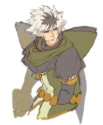  1boy artist_name cape closed_mouth english_commentary fire_emblem fire_emblem_fates green_cape highres looking_to_the_side male_focus multicolored_hair s0colas shura_(fire_emblem) sketch upper_body white_background 