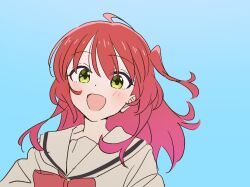  1girl :d ahoge blue_background blush bocchi_the_rock! bow bowtie green_eyes hair_between_eyes highres kita_ikuyo long_hair looking_at_viewer maring_song one_side_up open_mouth red_bow red_bowtie red_hair sailor_collar school_uniform serafuku shirt shuka_high_school_uniform simple_background smile solo upper_body 