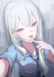  1girl absurdres blue_archive blue_necktie blue_shirt collared_shirt commentary_request grey_eyes grey_hair grey_halo halo highres konoka_(blue_archive) long_hair looking_at_viewer loose_necktie mask mask_pull mouth_mask necktie open_collar pidoshin reaching reaching_towards_viewer selfie shirt short_sleeves solo surgical_mask tongue tongue_out upper_body v v_over_mouth white_mask 
