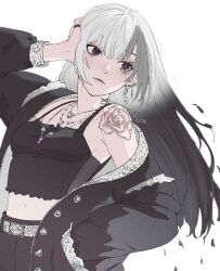  absurdres artist_name bare_shoulders belt black_hair black_jacket breasts closed_mouth cowboy_shot crop_top earrings frilled_shirt frills gem gradient_hair hand_in_pocket hand_on_own_head head_tilt highres jacket jewelry lips looking_to_the_side midriff mistististxii monochrome multicolored_hair navel necklace original ornate_clothes ring shirt simple_background small_breasts tattoo two-tone_hair white_background white_belt white_hair 