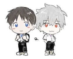  2boys backpack bag black_pants blue_eyes blue_shirt blush_stickers chibi chibi_only commentary_request dress_shirt full_body hair_between_eyes hands_in_pockets highres holding_strap ikari_shinji looking_at_viewer male_focus multiple_boys nagisa_kaworu neon_genesis_evangelion pants purple_shirt red_eyes school_uniform shirt shirt_tucked_in short_hair simple_background smile standing straight-on suit_pants t-shirt takuanoisi tokyo-3_middle_school_uniform undershirt white_background 