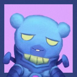  1boy armor blue_border blue_skin border colored_skin digimon digimon_(creature) digimon_ghost_game espimon fortunemagex hamster highres jetpack looking_at_viewer male_focus mechanical_arms pink_background simple_background smile solo teeth yellow_eyes 