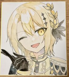  1girl :d ;d absurdres aiguillette black_coat black_gloves blonde_hair coat curtained_hair diamond_hair_ornament epaulettes gloves gold_border hair_ornament hasumi_leia high_collar highres long_sleeves looking_at_viewer mahou_shoujo_no_majo_saiban one_eye_closed open_mouth portrait sash segawa_luna shikishi short_hair shoulder_sash simple_background smile solo traditional_media white_background yellow_eyes 