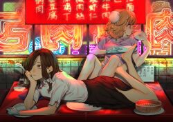  2girls alternate_costume bamboo_steamer bare_legs barefoot black_skirt blonde_hair bow breasts brown_eyes brown_hair bun_cover closed_mouth commentary_request double_bun dress dumpling eating feet feet_up food full_body gloves hair_bun hair_over_one_eye hand_rest highres holding holding_food large_breasts lying maribel_hearn missing_headwear multiple_girls neon_lights neon_sign on_stomach on_table open_mouth plate profile shirt shirt_tucked_in skirt spoon steamed_bun table touhou usami_renko violet_eyes white_bow white_gloves white_shirt yamazaki_tsukune 