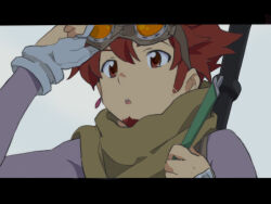  1boy arm_up brown_eyes commentary_request earrings facial_hair gloves goatee hair_between_eyes hand_up jewelry koboshita-z letterboxed male_focus parted_lips partially_fingerless_gloves portrait red_hair sekaiju_no_meikyuu sekaiju_no_meikyuu_4 short_hair single_glove sniper_(sekaiju) sniper_3_(sekaiju) solo spiky_hair teeth upper_teeth_only white_background white_gloves 