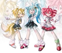  3girls :3 absurdres ahoge akita_neru animal_ears aqua_eyes aqua_hair aqua_necktie arm_behind_back artist_name black_skirt blonde_hair blush closed_mouth collared_shirt commentary crossed_arms drill_hair english_commentary eyelashes full_body gloves grey_shirt hair_between_eyes hair_ribbon hatsune_miku highres index_finger_raised kasane_teto knuckles_the_echidna legs_apart long_hair loose_socks medium_hair multicolored_hair multiple_girls multiple_tails necktie open_mouth ponytail red_hair red_shoes ribbon shirt shoes short_necktie short_sleeves skirt sleeveless sleeveless_shirt smile socks sonic_(series) sonic_the_hedgehog spiked_gloves streaked_hair tail tails_(sonic) tie_clip triple_baka_(group) twin_drills twintails two-tone_hair utau v-shaped_eyebrows vixiiart vocaloid white_background white_gloves white_hair white_ribbon white_shirt white_skirt white_socks white_streaks yellow_eyes yellow_necktie zoom_layer 