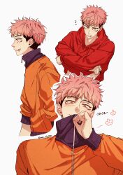  1boy absurdres blush commentary_request drawstring from_side highres hood hood_down hoodie itadori_yuji jacket jujutsu_kaisen korean_commentary looking_at_viewer male_focus multicolored_hair multiple_views notice_lines omoc_ackerman open_mouth orange_jacket pink_hair red_hoodie scar scar_on_face scar_on_mouth short_hair simple_background solo translation_request twitter_username two-tone_hair undercut undressing upper_body white_background yellow_eyes zipper_pull_tab 