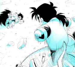  amayuki318 angry black_boots black_gauntlets black_hair boots chinese_clothes clenched_hands commentary_request dragon_ball dragon_ball_z fighting_stance from_below highres injury jumping long_hair looking_down looking_up lying monkey_tail on_back on_ground partially_colored ponytail raditz saiyan saiyan_armor simple_background son_gohan son_goku spiky_hair surprised tail thick_eyebrows topless_male torn_clothes very_long_hair white_background 