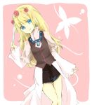  bad_id blonde_hair blue_eyes braid butterfly coat feathers flower hair_ornament hairpin hyerry jewelry long_hair necklace payot pink_background shirley_fennes shorts smile solo tales_of_(series) tales_of_legendia touyama_soboro 