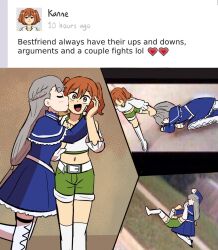  2girls blue_dress blush commentary crop_top dragging dress eggtempest english_commentary english_text fighting green_shorts grey_hair hand_on_another's_cheek hand_on_another's_face imminent_punch kanne_(sousou_no_frieren) kiss kissing_cheek lawine_(sousou_no_frieren) long_sleeves meme midriff multiple_girls navel open_mouth orange_eyes orange_hair photo_background short_sleeves shorts smile sousou_no_frieren standing standing_on_one_leg two_side_up yuri 