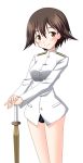  brown_eyes brown_hair military military_uniform miyafuji_yoshika shinai short_hair strike_witches swimsuit swimsuit_under_clothes sword uniform weapon yukimura1130 