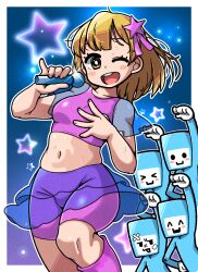  1girl 4boys :d ;d anzen_kamisori bandaid bandaid_on_face blonde_hair blue_background blue_skin blush_stickers boots brown_eyes c: colored_skin commentary_request hair_ornament hand_on_own_chest hand_up highres holding holding_microphone idol idol_rena microphone midriff multiple_boys navel one_eye_closed purple_boots purple_shorts rhythm_tengoku rhythm_tengoku_miracle_stars see-through_clothes see-through_skirt see-through_sleeves short_hair short_sleeves shorts skirt smile space_dancers sparkle square_head star_(symbol) star_hair_ornament star_symbol_background sweat sweatdrop 