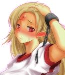  :&lt; ao_usagi arm_up arms_up blonde_hair blush bust chain chains close-up commentary cuffs ear_blush face fang forehead handcuffs hole_on_body hornless hoshiguma_yuugi long_hair no_horn pointy_ears red_eyes shackle solo sweat touhou 